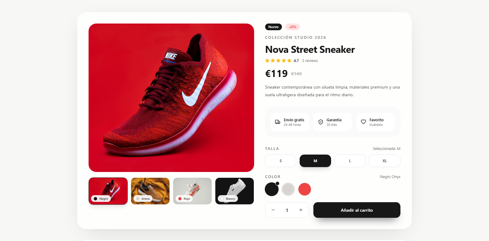Preview de una ficha de producto e-commerce con galería y opciones de compra
